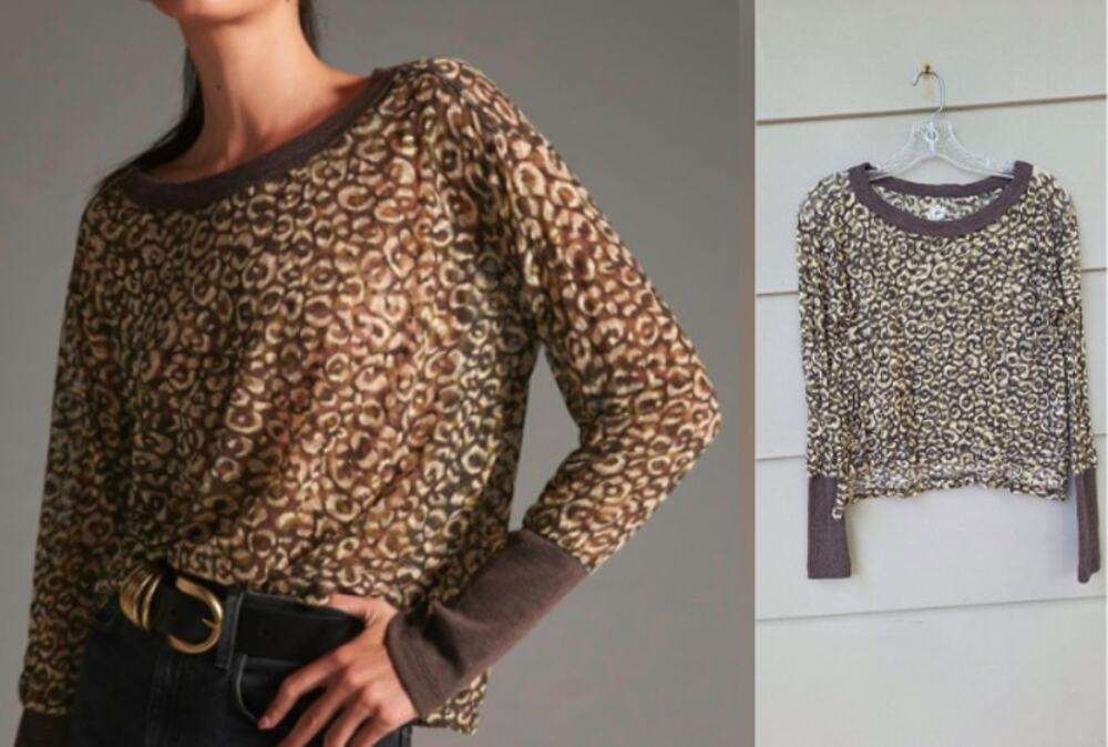 Anthropologie PILCRO Boxy Heritage Cheetah Semi Sheer Long Sleeves Top  Size S